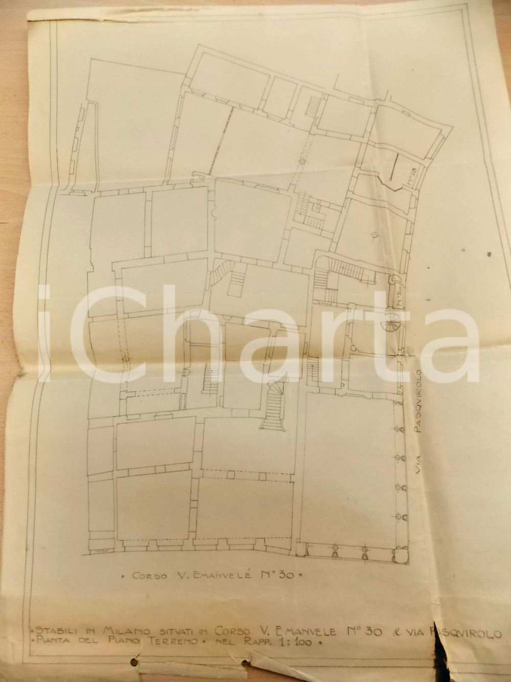 Mappa, planimetria storica 1930 MILANO Pianta stabili corso VITTORIO EMANUELE via PASQUIROLO Piano terra 1