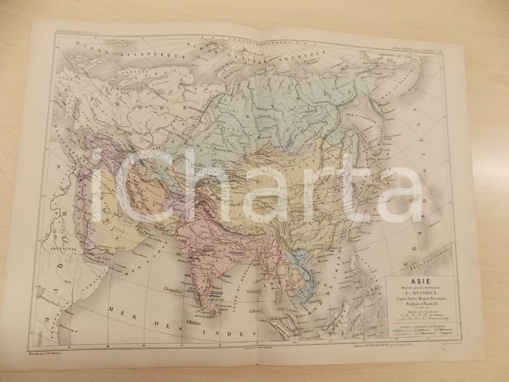 Stampa, bozzetto originale 1875 PARIS DUSSIEUX Atlas de gÃ©ographie Carte ASIE 45x33 cm 1