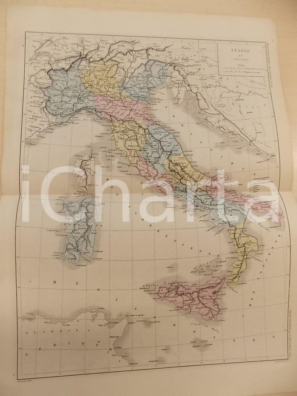 Stampa, bozzetto originale 1875 PARIS M. L. DUSSIEUX Atlas de gÃ©ographie Carte ITALIE 45x33 cm 1