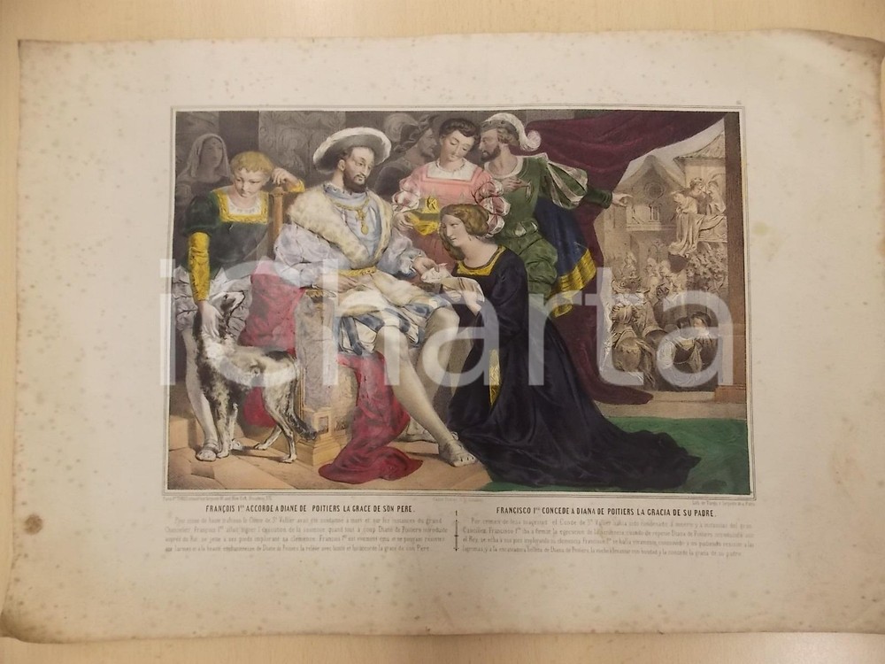 Stampa, bozzetto originale 1800 ca FRANCE FranÃ§ois Ier accorde Ã  Diane de Poitiers la grace Gravure 43x30 1