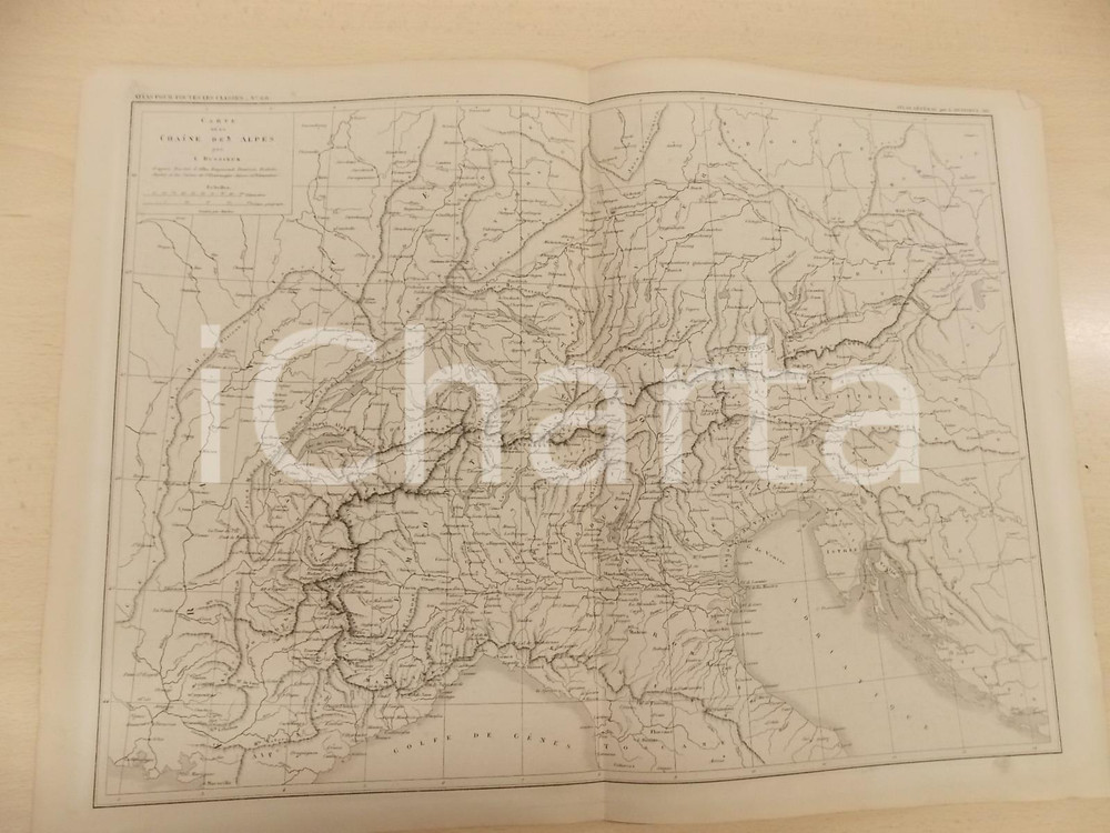 Stampa, bozzetto originale 1875 PARIS M. L. DUSSIEUX Atlas de gÃ©ographie Carte CHAINE DES ALPES 45x33 cm 1