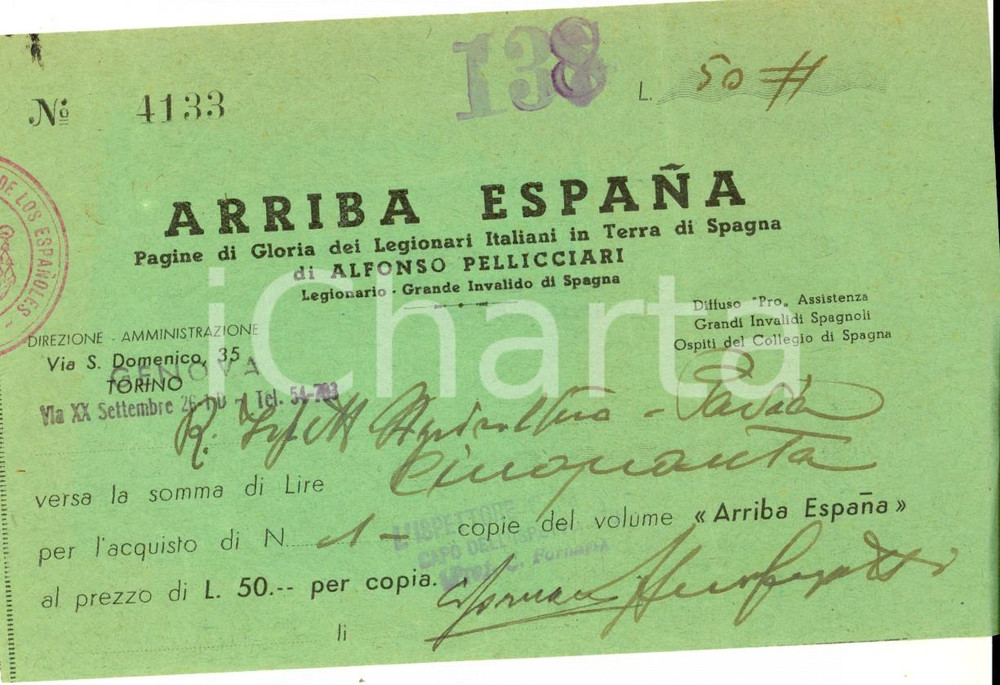 Oggetto da collezione cartaceo 1939 Alfonso PELLICCIARI Arriba EspaÃ±a  Ricevuta per acquisto volume 1
