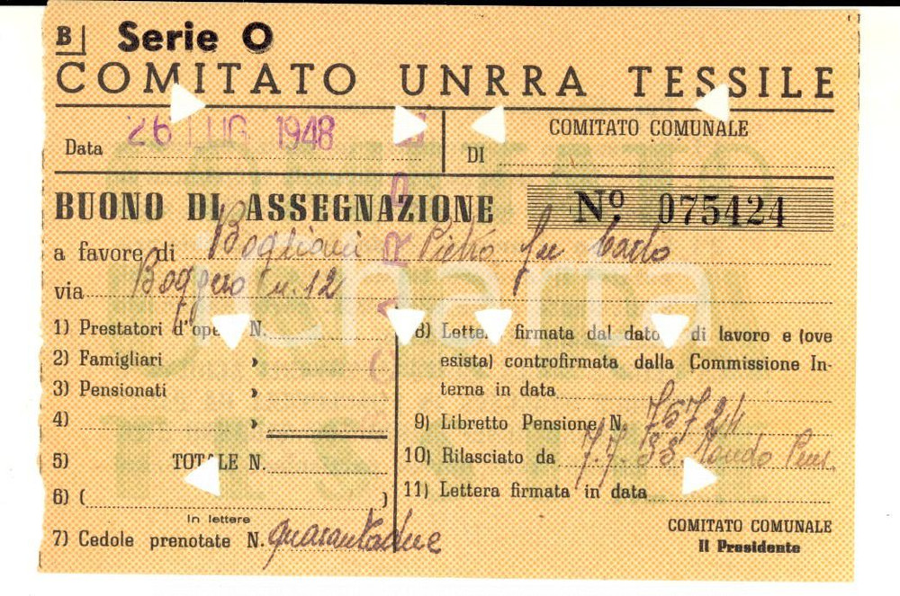 Oggetto da collezione cartaceo 1948 Comitato UNRRA tessile  Buono di assegnazione a Pietro BOGLIANI 1