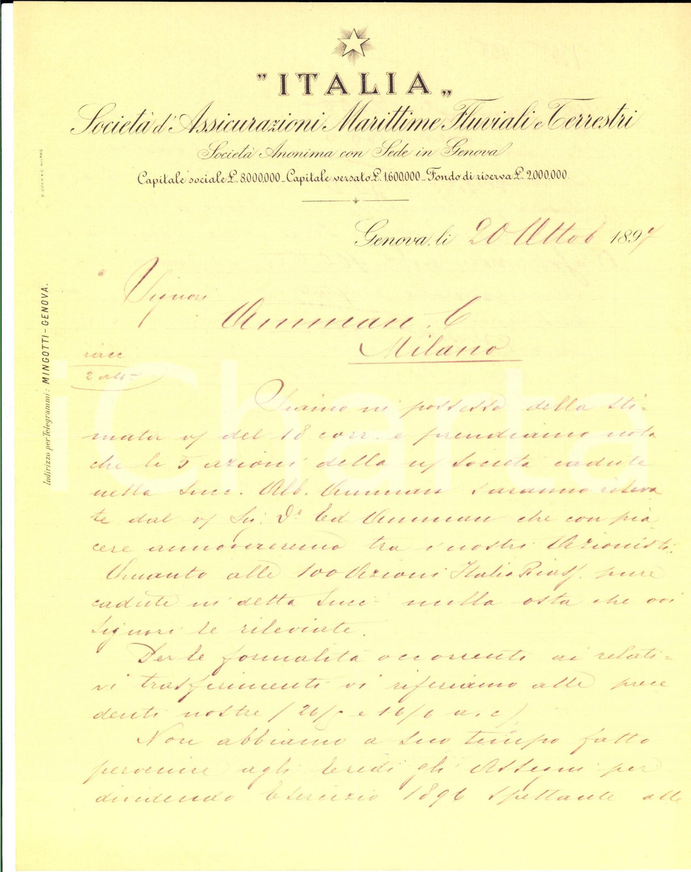 Manoscritto, lettera originale 1897 GENOVA SocietÃ  Assicurazioni ITALIA Lettera Giuseppe MINGOTTI azioni AMMAN 1
