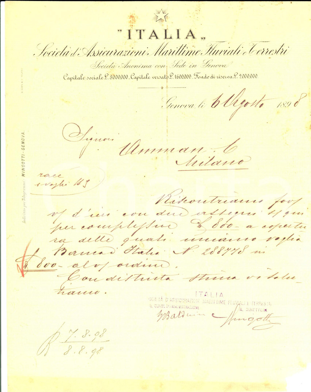 Manoscritto, lettera originale 1898 GENOVA SocietÃ  Assicurazioni Marittime ITALIA Lettera su assegni AMMAN 1