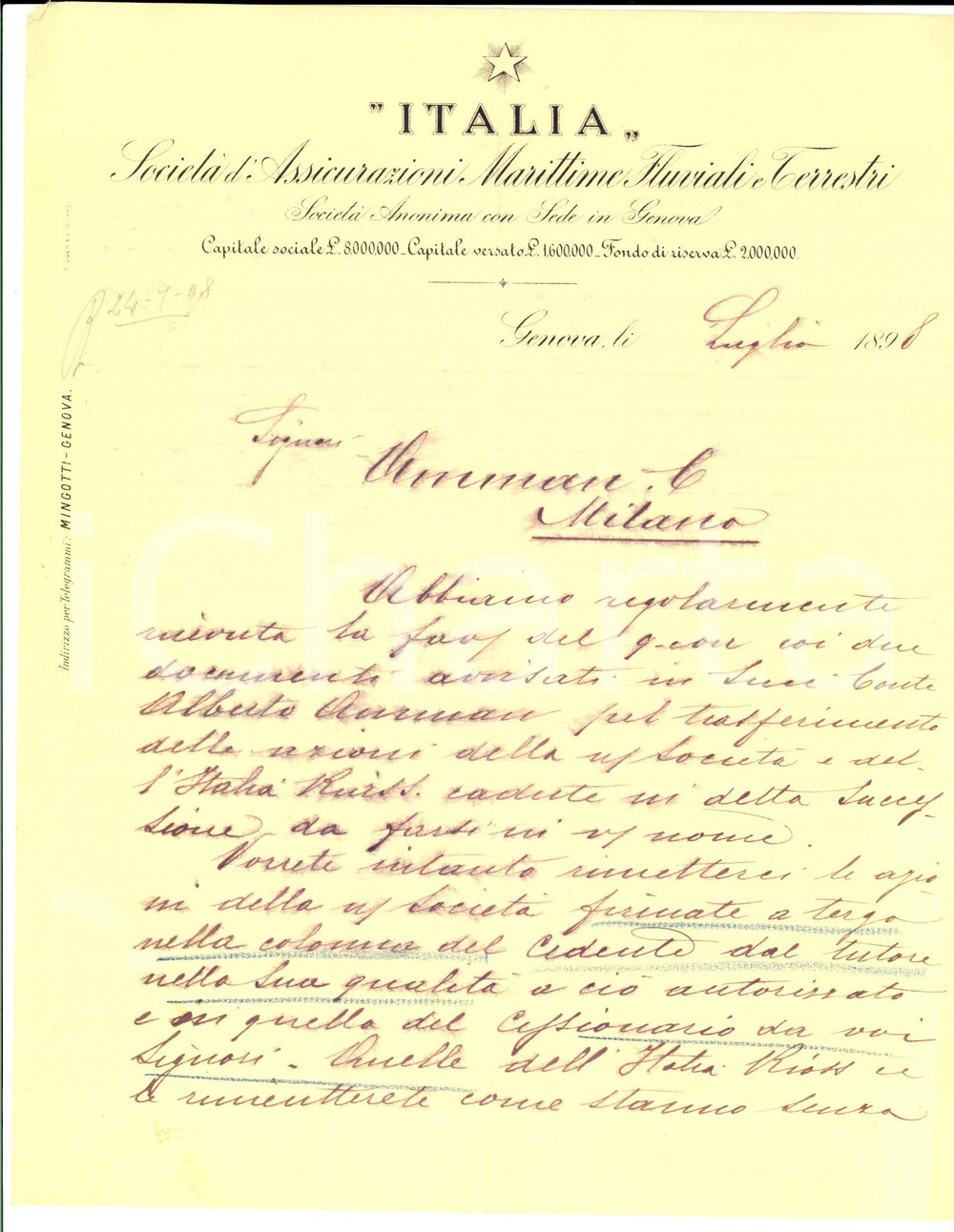 1898 GENOVA Società Assicurazioni ITALIA Giuseppe MINGOTTI a eredi Alberto AMMAN