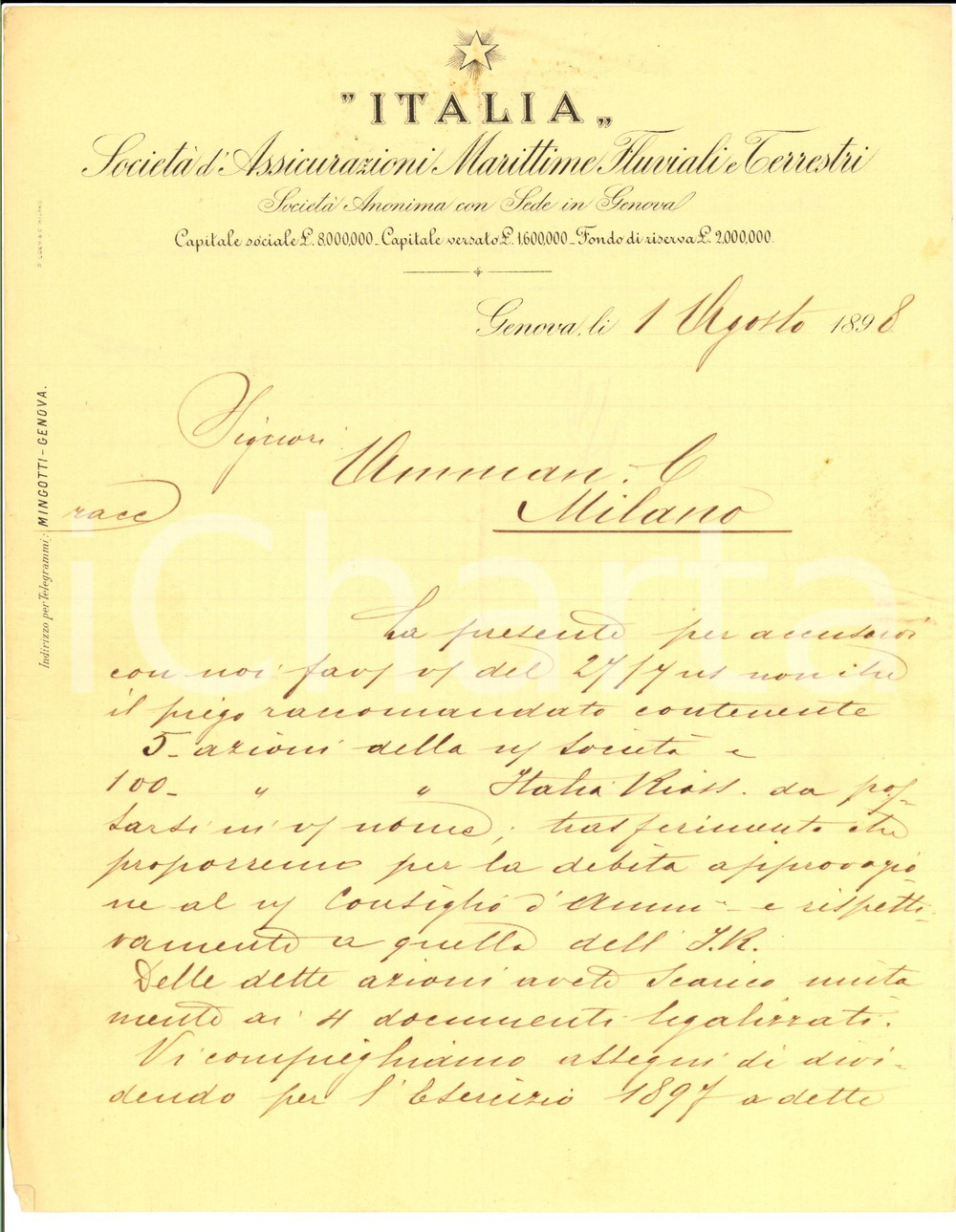 Manoscritto, lettera originale 1898 GENOVA SocietÃ  Assicurazioni ITALIA Lettera su azioni ITALIA RIASS 1