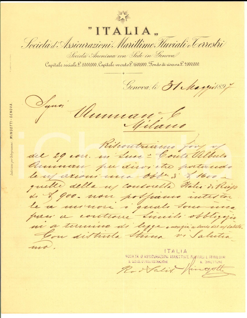 Manoscritto, lettera originale 1897 GENOVA SocietÃ  Assicurazioni ITALIA Marittime  Lettera a eredi conte AMMAN 1