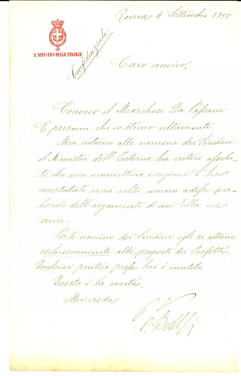 Autografo originale 1895 ROMA Ministro Paolo BOSELLI rifuta raccomandazione a sindaco AUTOGRAFO 1