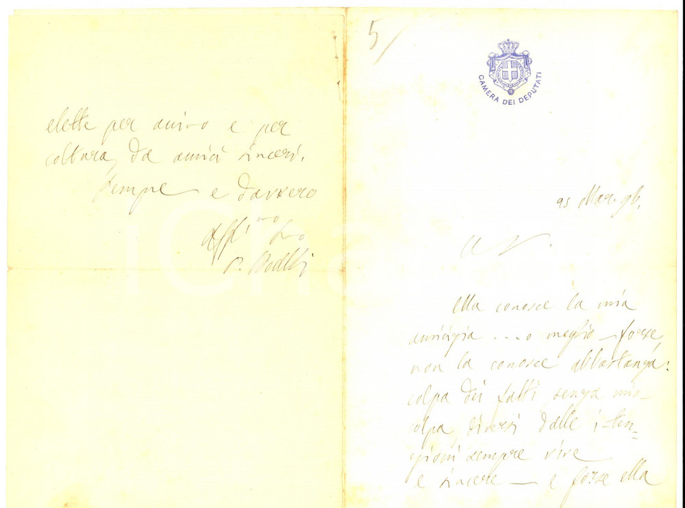 Autografo originale 1896 ROMA On. Paolo BOSELLI promette raccomandazione a un amico Autografo 1