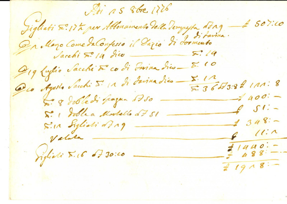 Documento originale, autentico 1776 FIRENZE ? Ricevuta per abbonamento della Tempesta e farina Manoscritto 1