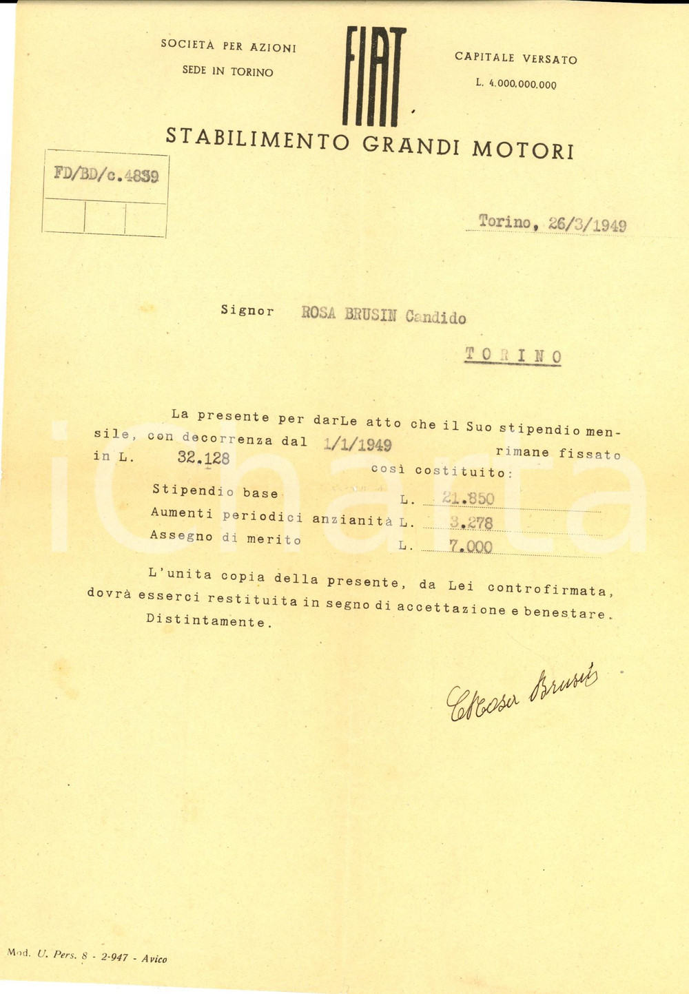Documento originale, autentico 1949 TORINO FIAT Stabilimento grandi motori Lettera a dipendente INTESTATA 1