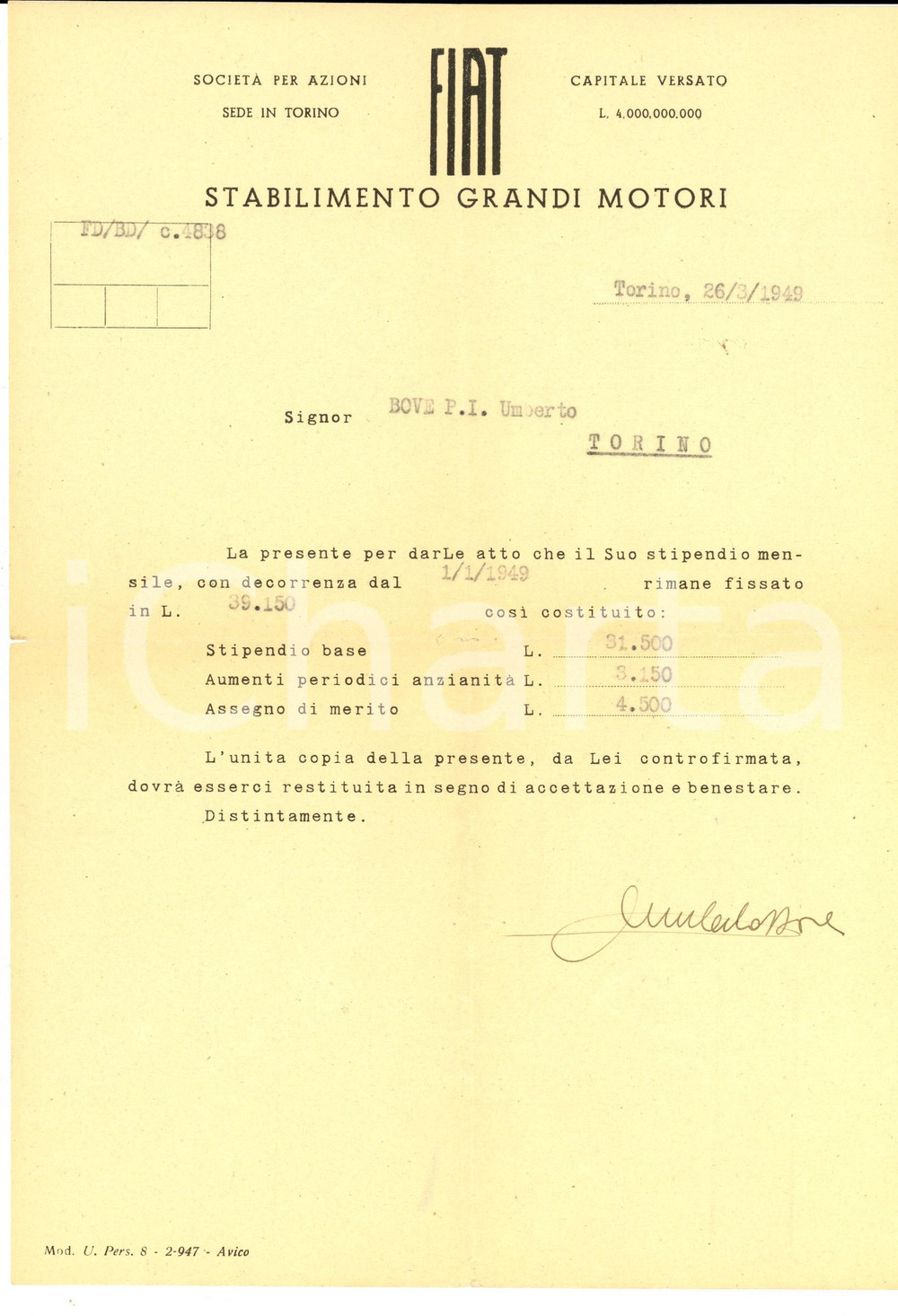 Documento originale, autentico 1949 TORINO FIAT Stabilimento grandi motori Lettera a un dipendente INTESTATA 1