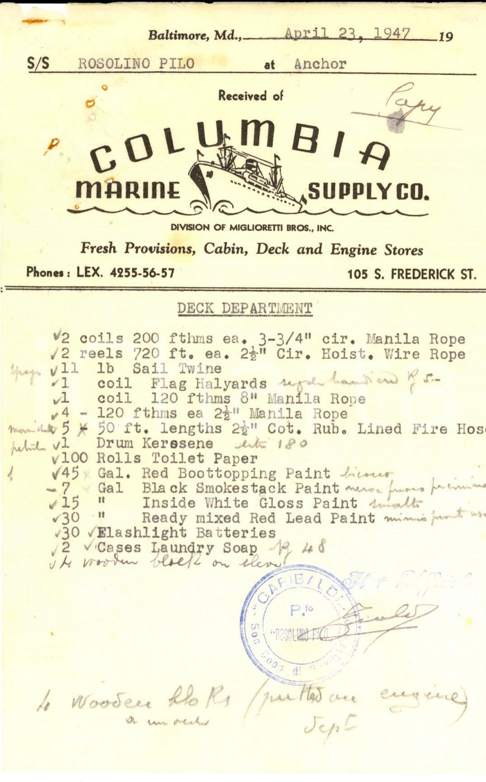 Documento originale, autentico 1947 BALTIMORA  COLUMBIA MARINE Piroscafo Rosolino PILO Ricevuta merci 3 1