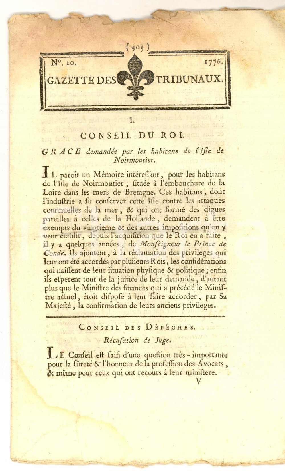 Giornale, rivista storica 1776 GAZETTE DES TRIBUNAUX Tournelle criminelle sieur de JUILLE  nÂ° 20 1