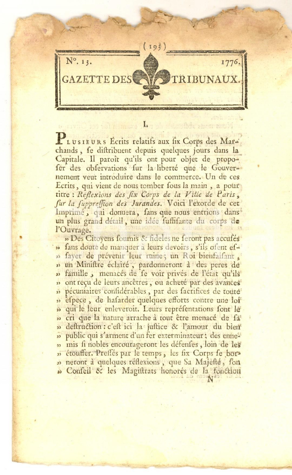Giornale, rivista storica 1776 GAZETTE DES TRIBUNAUX Sur les six corps des marchands nÂ° 13 1