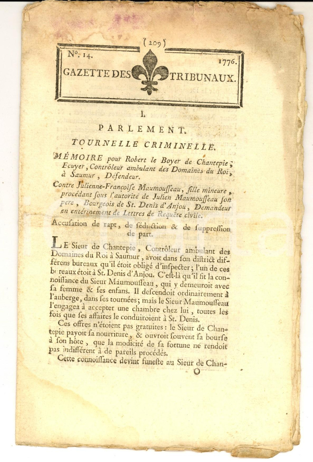 Giornale, rivista storica 1776 GAZETTE DES TRIBUNAUX MÃ©moire pour Robert le BOYER DE CHANTEPIE nÂ° 14 1