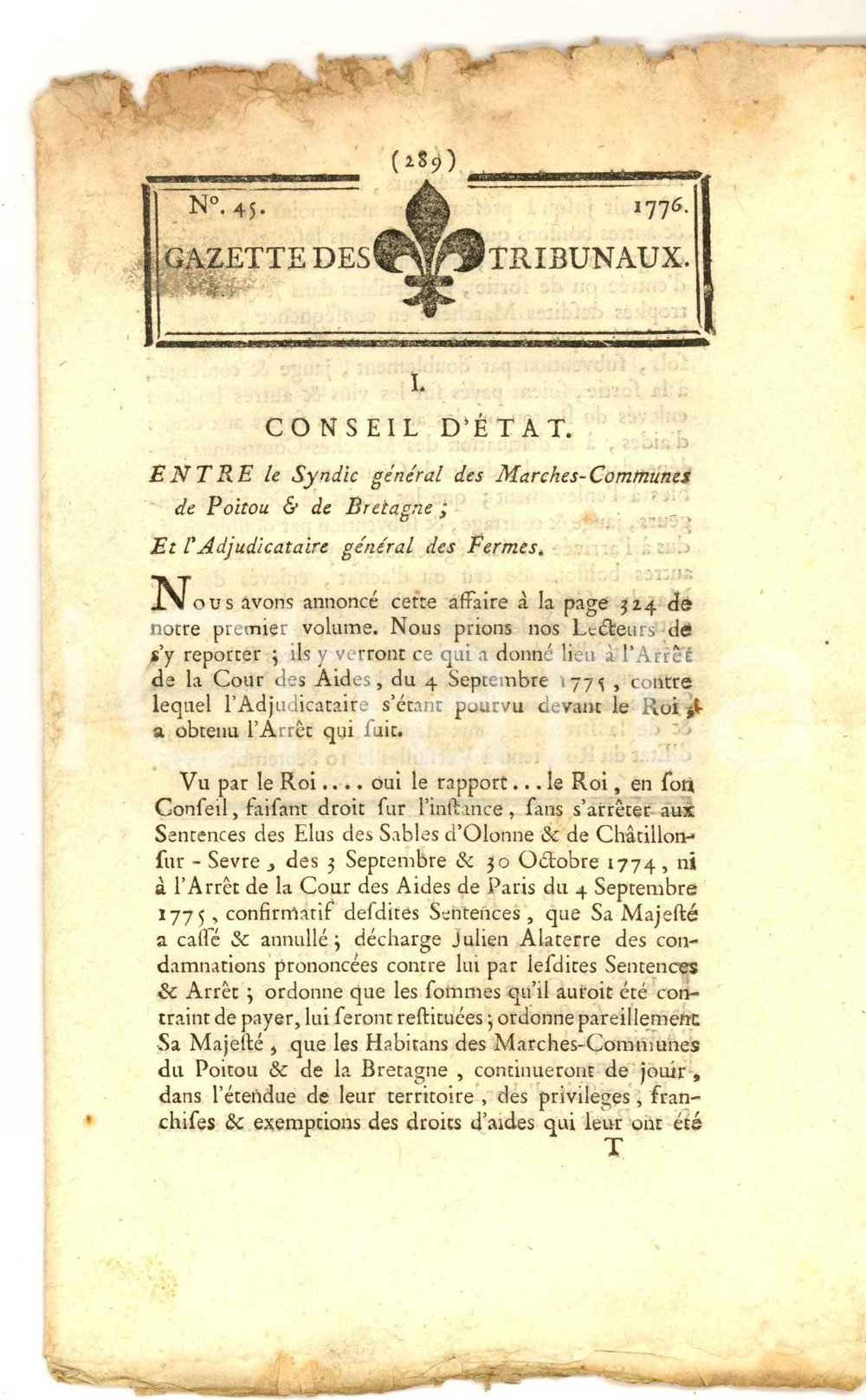 Giornale, rivista storica 1776 GAZETTE DES TRIBUNAUX Conseil d Etat syndic POITOU et BRETAGNE nÂ° 45 1
