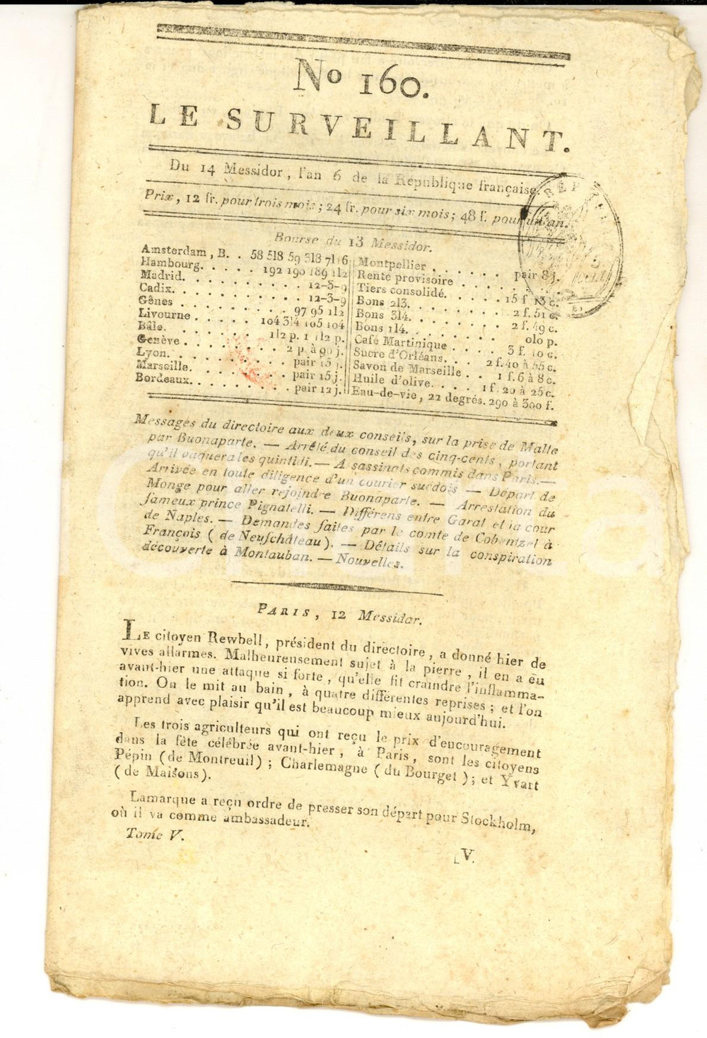 Giornale, rivista storica 1798 LE SURVEILLANT Gazette REVOLUTION LECOMTESTMICHEL Ã  Naples nÂ° 160 1