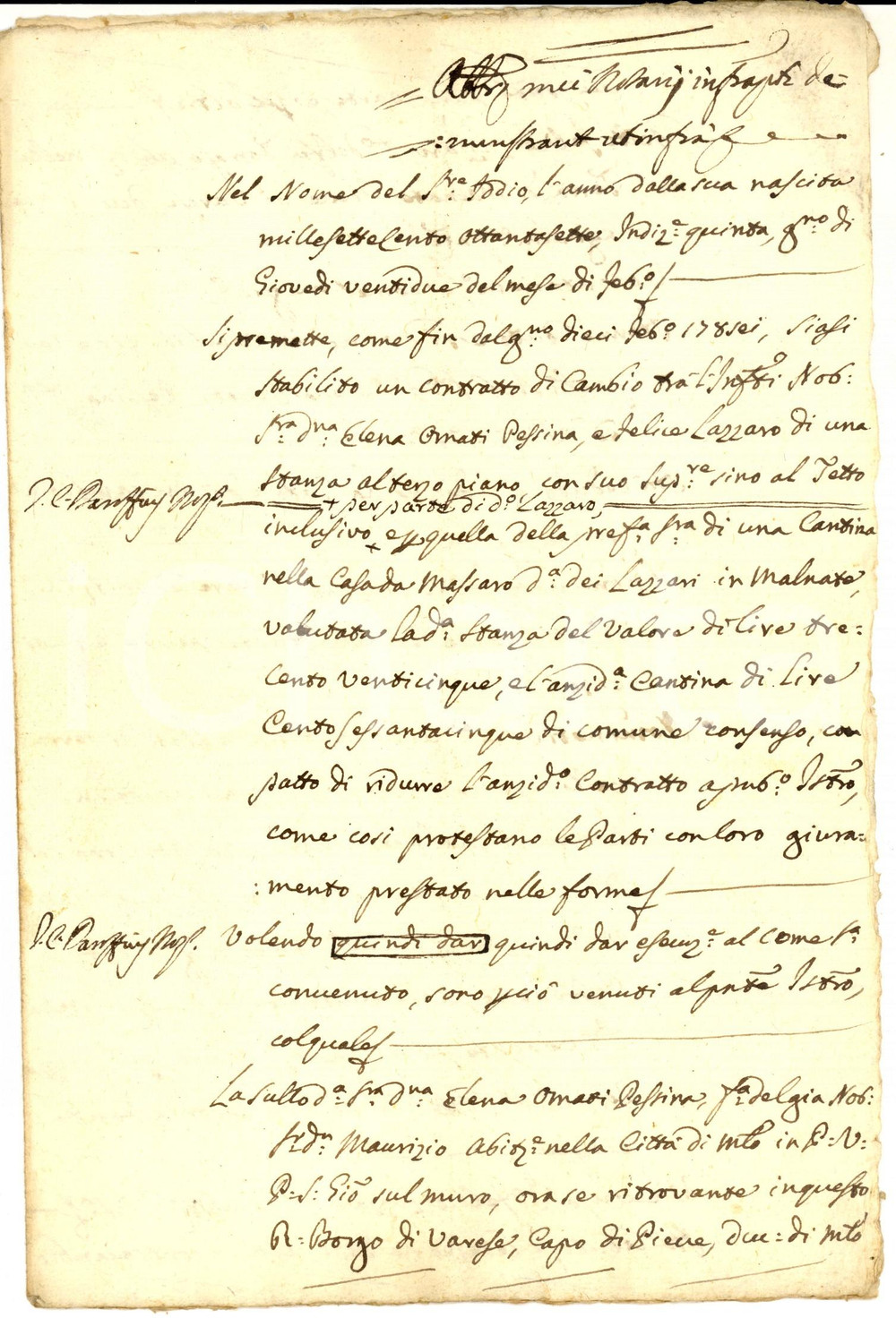 Documento originale, autentico 1787 MALNATE Contratto cambio Elena ORNATI PESSINA  Felice LAZZARO INCOMPLETO 1