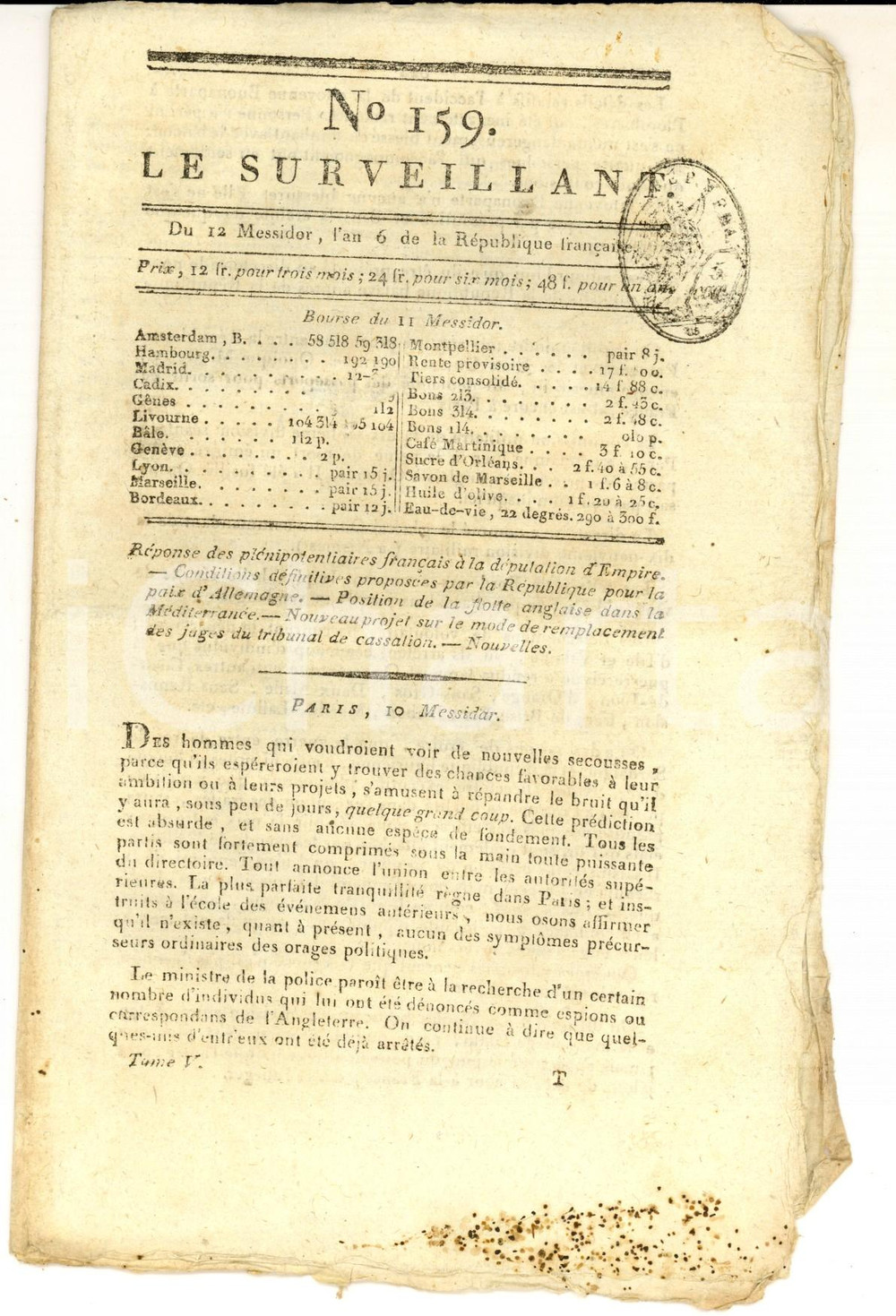 1798 LE SURVEILLANT Gazette REVOLUTION Position de la flotte anglaise *nÂ° 159 CONDIZIONI: FAIR    originale e autentica 1