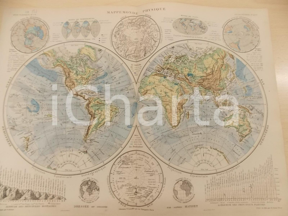 Stampa, bozzetto originale 1875 PARIS DUSSIEUX Atlas de gÃ©ographie Mappemonde physique 45x33 cm 1
