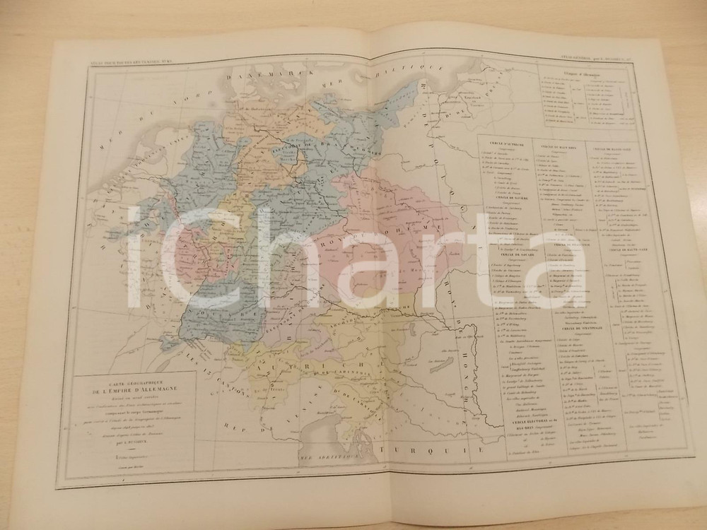 Stampa, bozzetto originale 1875 PARIS M. L. DUSSIEUX Atlas de gÃ©ographie Carte Empire ALLEMAGNE 45x33 1