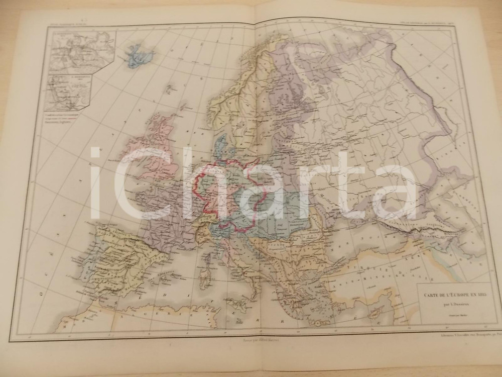 Stampa, bozzetto originale 1875 PARIS DUSSIEUX Atlas de gÃ©ographie Carte EUROPE en 1815 45x33 cm 1