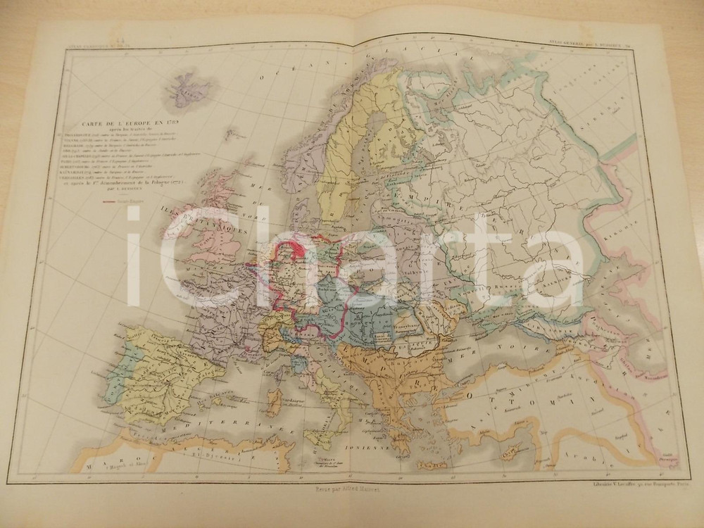 Stampa, bozzetto originale 1875 PARIS DUSSIEUX Atlas de gÃ©ographie Carte EUROPE en 1789 45x33 cm 1