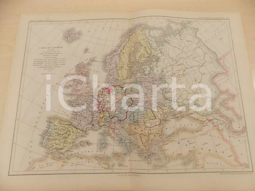 Stampa, bozzetto originale 1875 PARIS DUSSIEUX Atlas de gÃ©ographie Carte EUROPE en 1715 45x33 cm 1