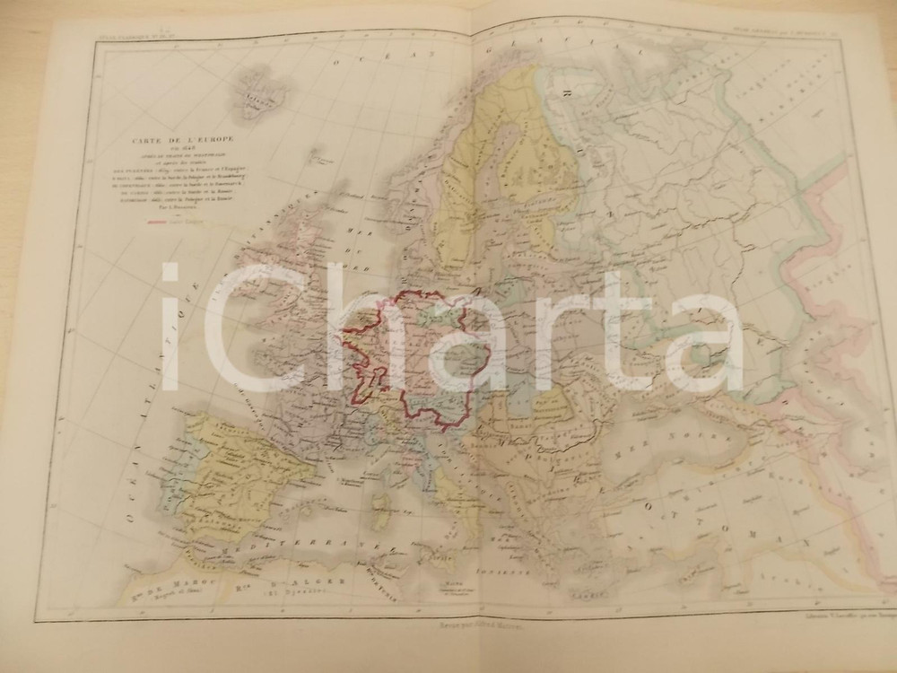 Stampa, bozzetto originale 1875 PARIS DUSSIEUX Atlas de gÃ©ographie Carte EUROPE en 1648 45x33 cm 1