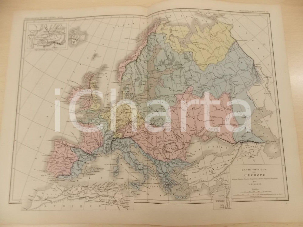 Stampa, bozzetto originale 1875 PARIS DUSSIEUX Atlas de gÃ©ographie Carte physique de l EUROPE  45x33 cm 1