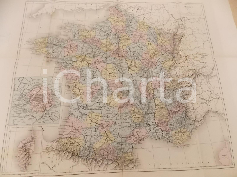 Stampa, bozzetto originale 1875 PARIS M. L. DUSSIEUX Atlas de gÃ©ographie Carte de la FRANCE 70x50 cm 1