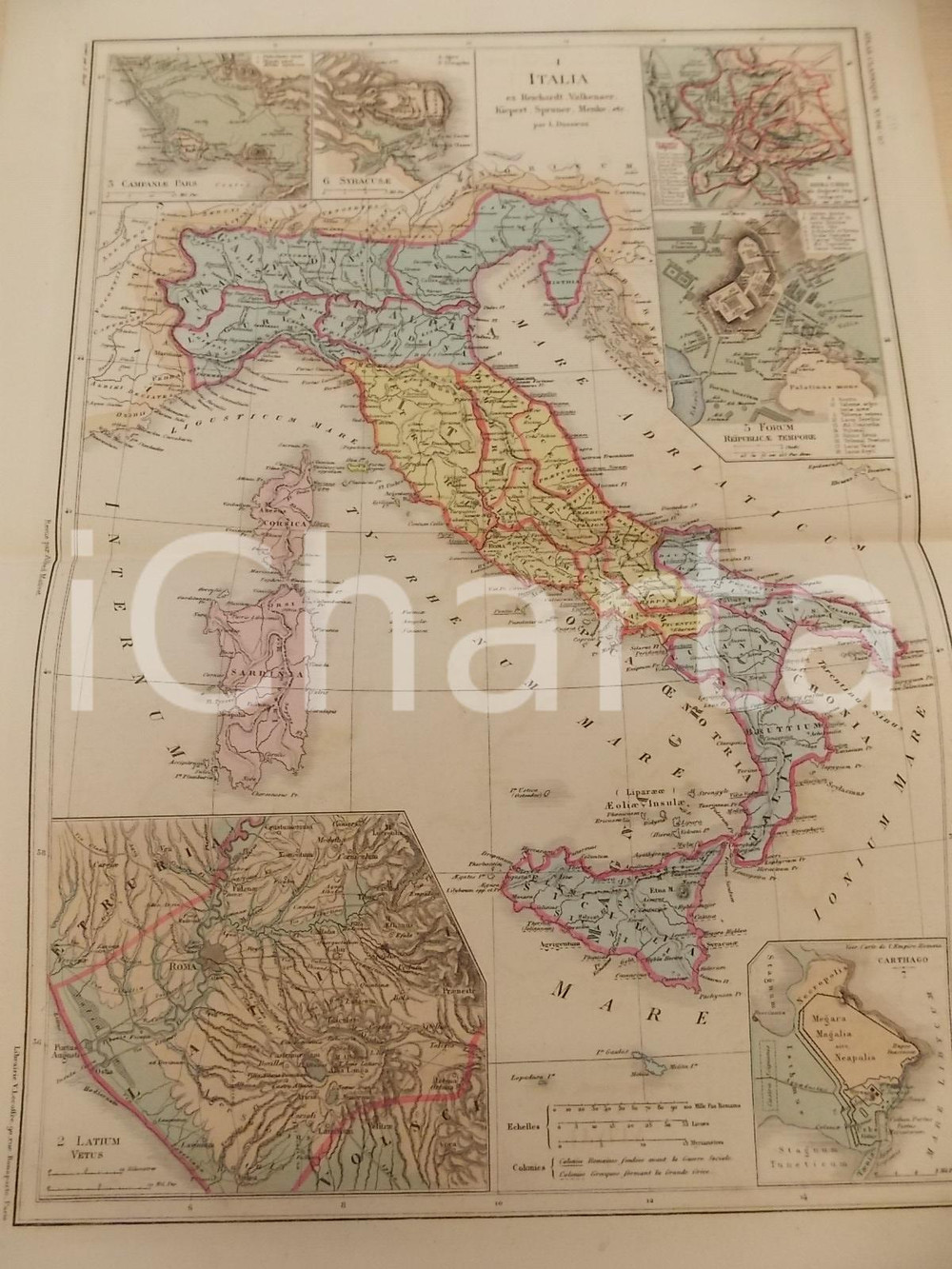 Stampa, bozzetto originale 1875 PARIS M. L. DUSSIEUX Atlas de gÃ©ographie Carte ITALIA 33x45 cm 1