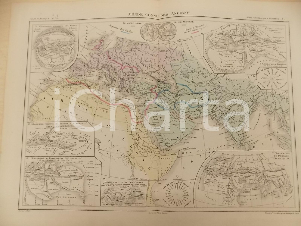 Stampa, bozzetto originale 1875 PARIS M. L. DUSSIEUX Atlas de géographie Carte monde connu des anciens 1