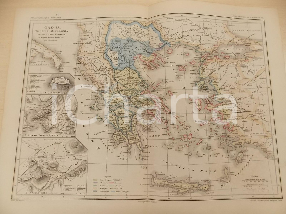 Stampa, bozzetto originale 1875 PARIS M. L. DUSSIEUX Atlas de géographie Carte GRAECIA THRACIA MACEDONIA 1