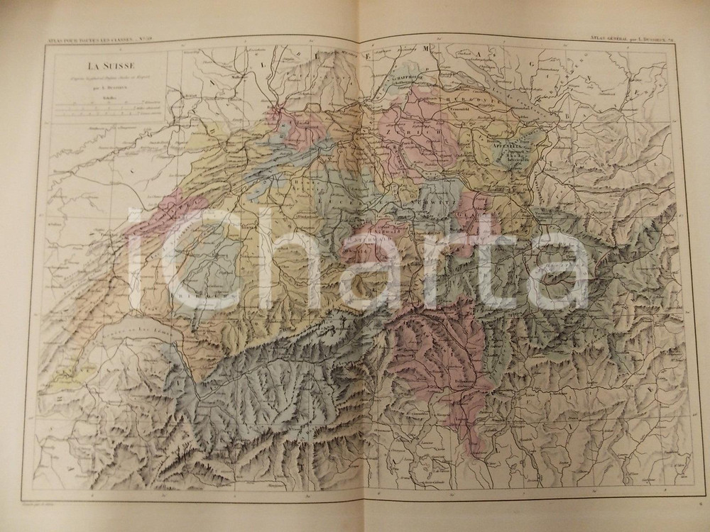 Stampa, bozzetto originale 1875 PARIS M. L. DUSSIEUX Atlas de géographie Carte SUISSE 45x33 cm 1