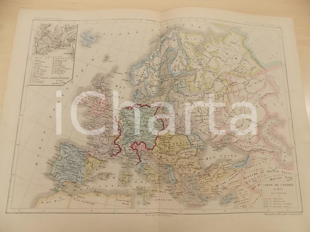 Stampa, bozzetto originale 1875 PARIS DUSSIEUX Atlas de gÃ©ographie Carte EUROPE en 1453 45x33 cm 1