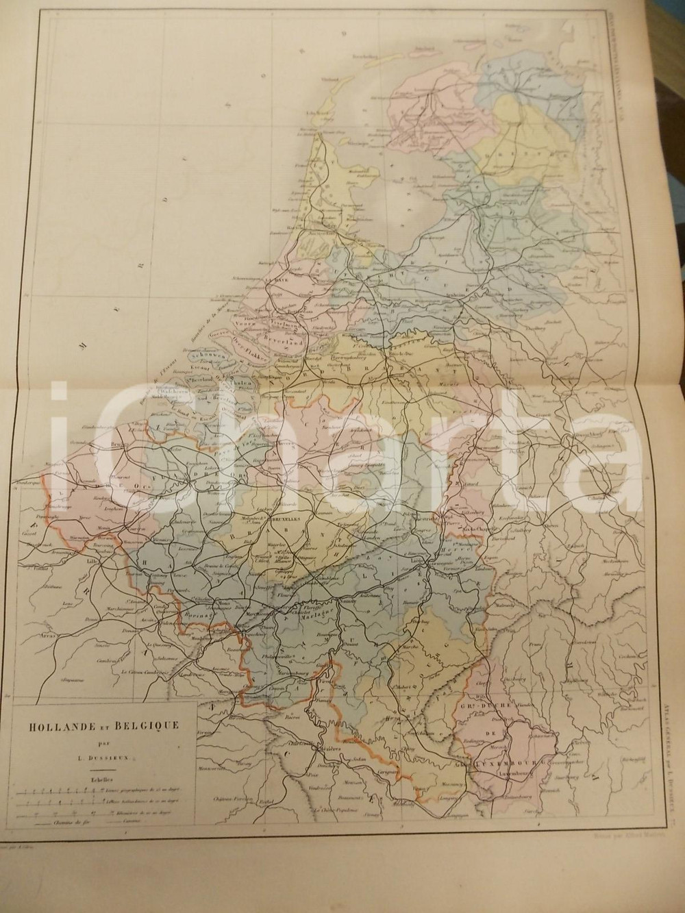Stampa, bozzetto originale 1875 PARIS M. L. DUSSIEUX Atlas de géographie Carte HOLLANDE BELGIQUE 45x33 cm 1
