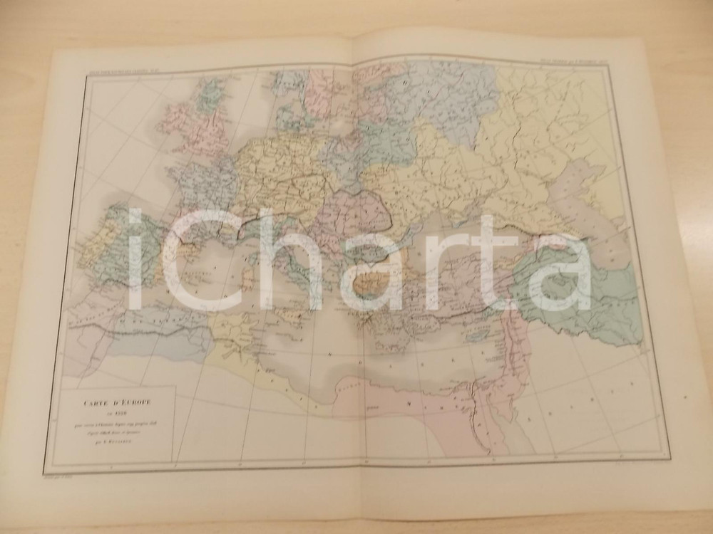 Stampa, bozzetto originale 1875 PARIS DUSSIEUX Atlas de gÃ©ographie Carte EUROPE en 1328 45x33 cm 1