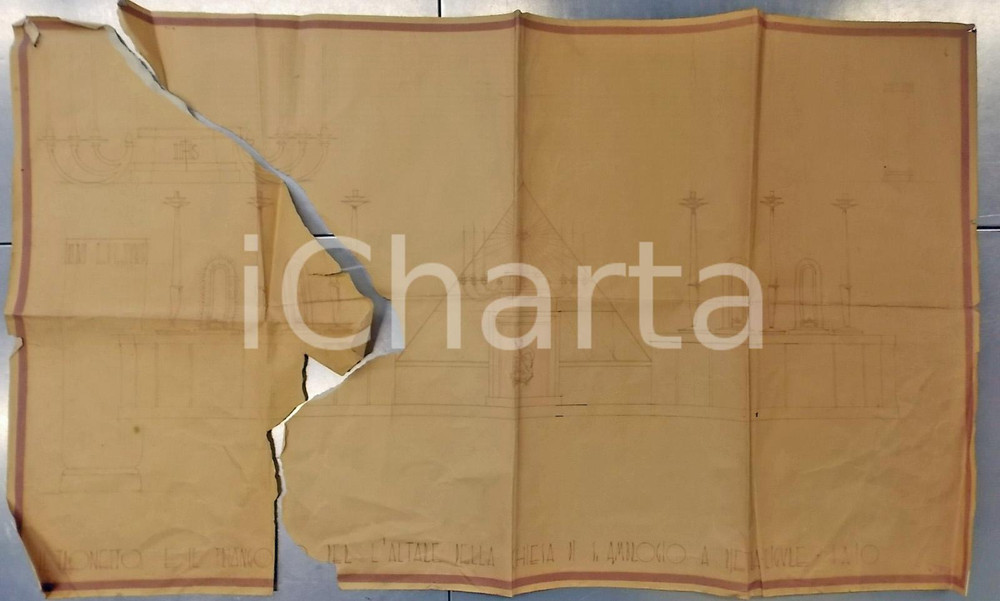 Stampa, bozzetto originale 1930 ca PIETRA LIGURE Chiesa S. AMBROGIO  Base altare Progetto DANNEGGIATO 1