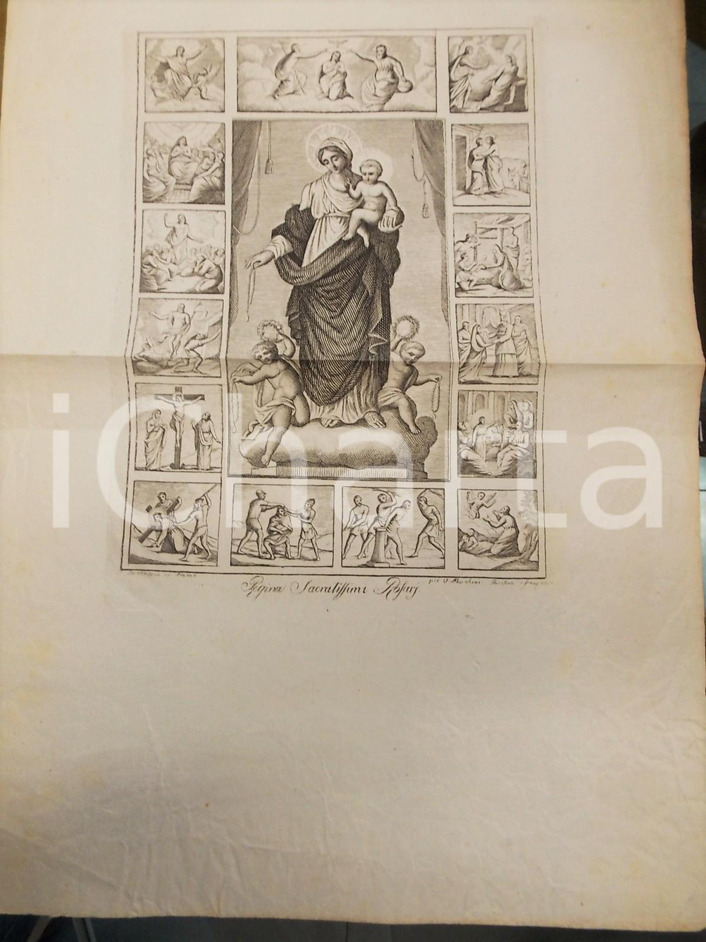 Stampa, bozzetto originale 1800 ca ARTE SACRA Maria Regina Sacratissimi Rosarii Stampa inc. MARABINI 1
