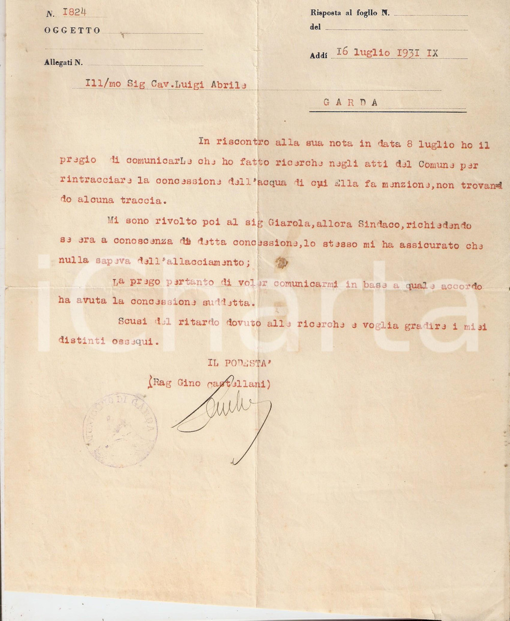 Documento originale, autentico 1931 GARDA VR Lettera podestÃ  CASTELLANI a Luigi ABRILE su concessione acqua 1