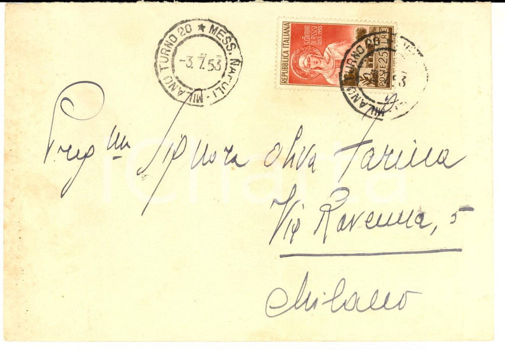 Cartolina originale da collezione 1953 STORIA POSTALE  REPUBBLICA Busta affrancatura L. 25 S. CHIARA D ASSISI 1