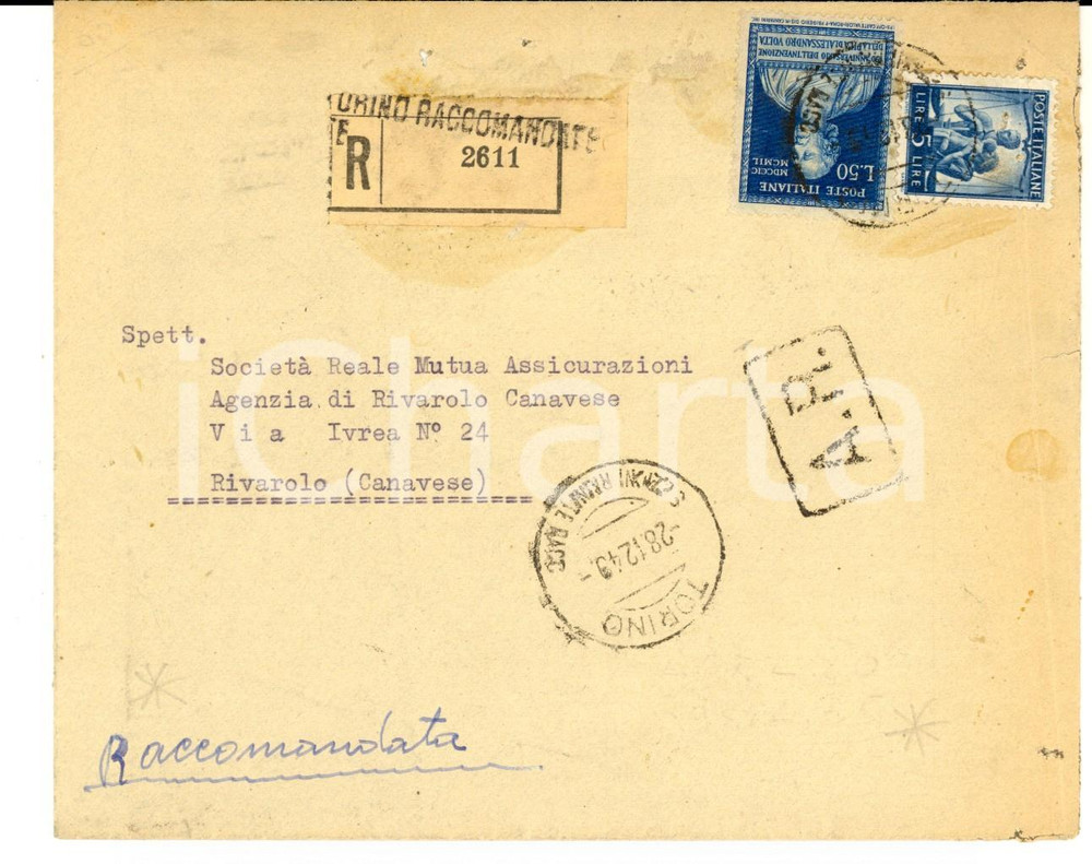 Cartolina originale da collezione 1949 STORIA POSTALE TORINO Busta raccomandata 50 L. Anniversario VOLTA +  L. 5 1
