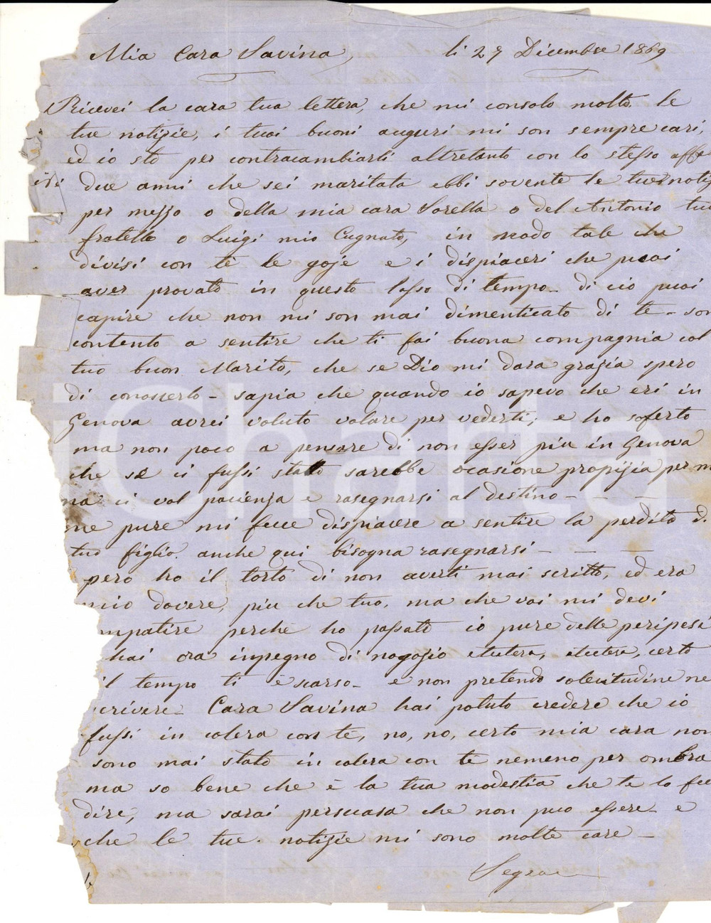 Manoscritto, lettera originale 1869 LIVORNO Lettera familiare a Vincenza FRATTINI dallo zio TOSI DANNEGGIATA 1