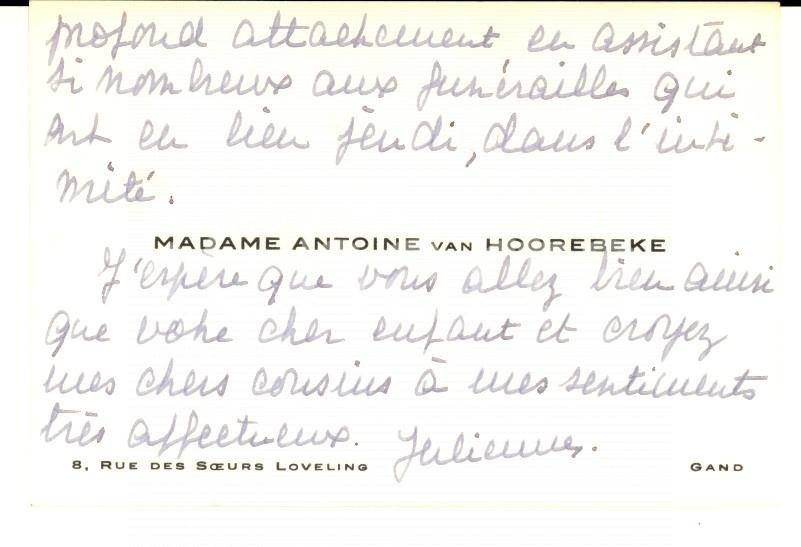 Oggetto da collezione cartaceo 1955 GAND BELGIO Biglietto da visita madame Antoine VAN HOOREBEKE 1