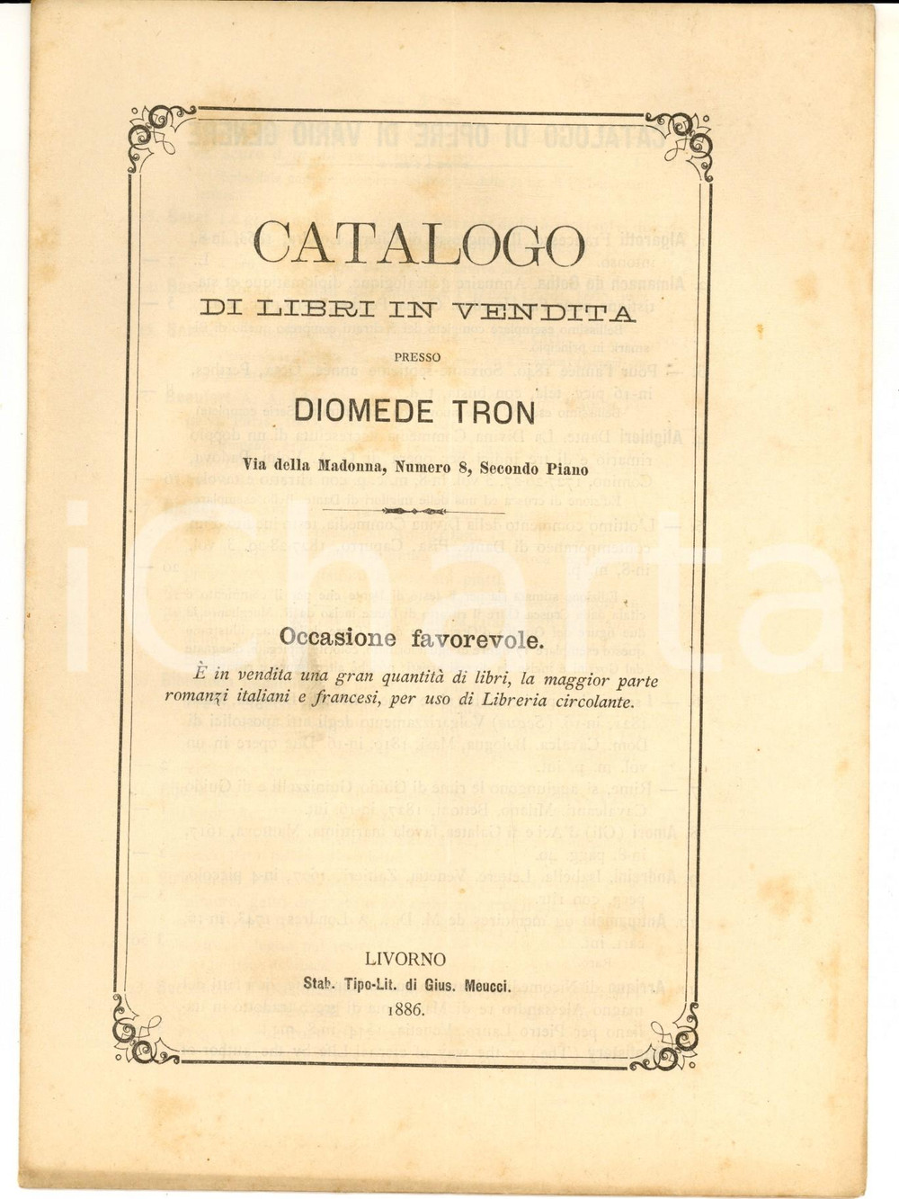 Libro, pubblicazione d epoca 1886 LIVORNO Catalogo Libreria Diomede TRON Volumi per libreria circolante 1