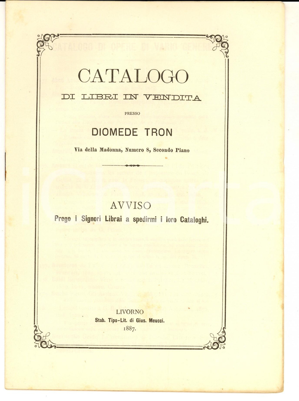 Libro, pubblicazione d epoca 1887 LIVORNO Catalogo Libreria Diomede TRON  Opere di vario genere 1