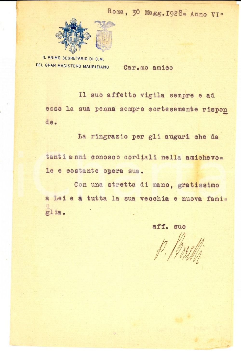 Documento originale, autentico 1928 ROMA ORDINE MAURIZIANO Lettera ringraziamento Paolo BOSELLI Autografo 1